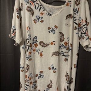 Floral Print Women's Blouse - White with Orange and Blue Accents